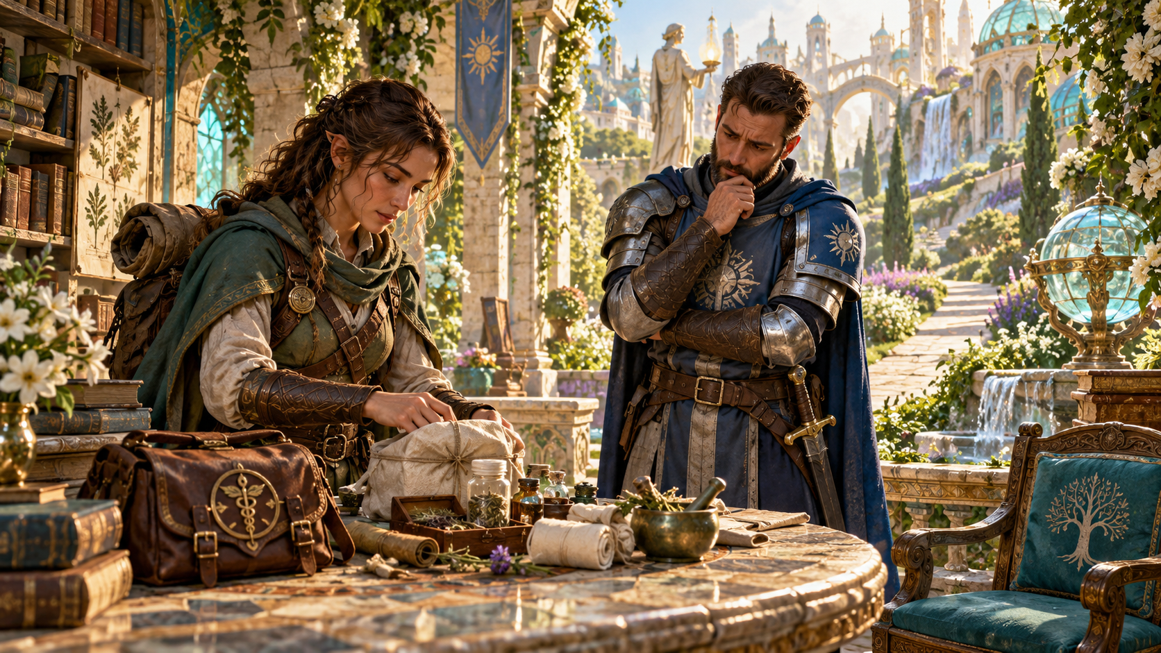 Traveller opening a parcel beside herb jars and books while an armoured guard considers the contents in a garden archive