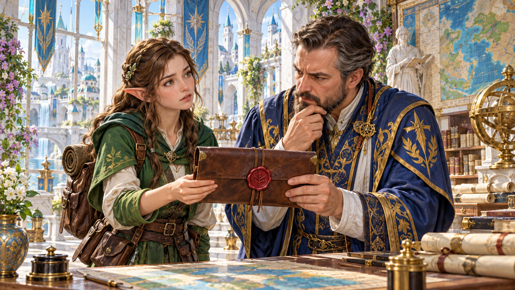 Elf messenger and blue-robed official discussing a sealed leather parcel at a map table