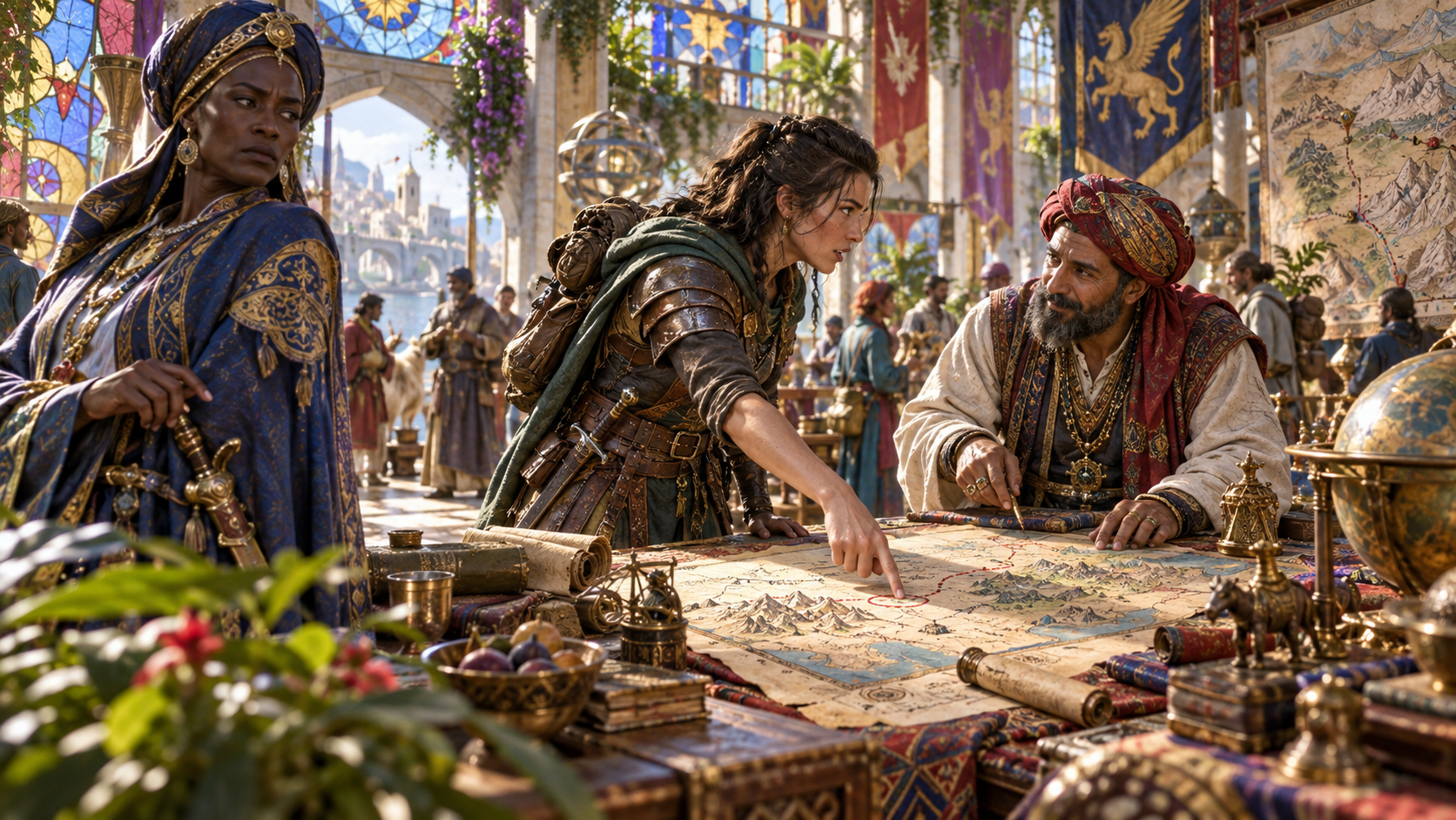 Traveller pointing to a marked map while a merchant listens and other people watch in a trade hall
